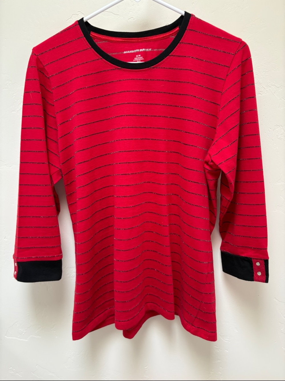 Alison Daley Red Striped Long Sleeve Top with Black Metallic Trim